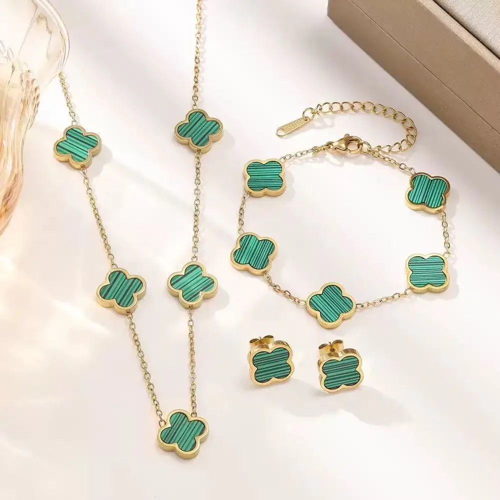 Clover earring/bracelet,necklace 3peice black, white, red, green