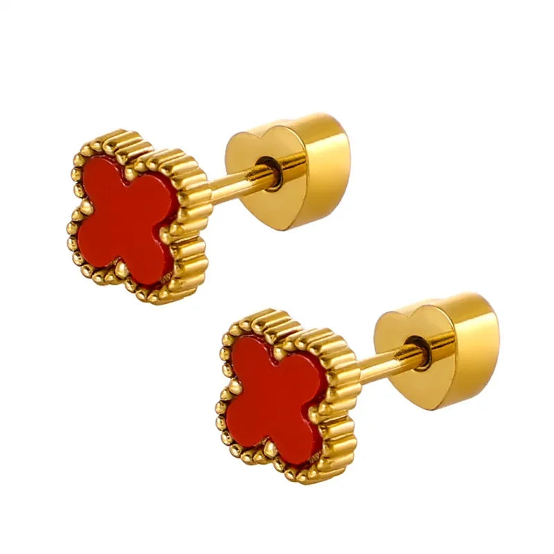 Red, black, white, green clover earrings