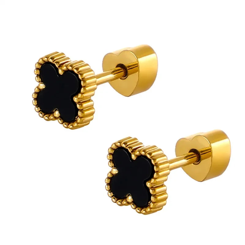 Red, black, white, green clover earrings